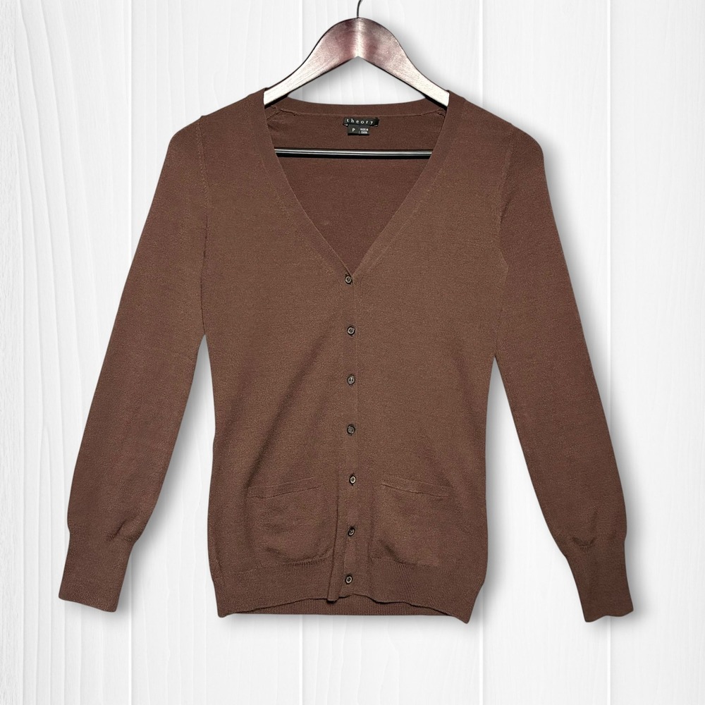 Theory Merino Wool V-Neck Button Front Cardigan Sweater Women's P (XS) Brown